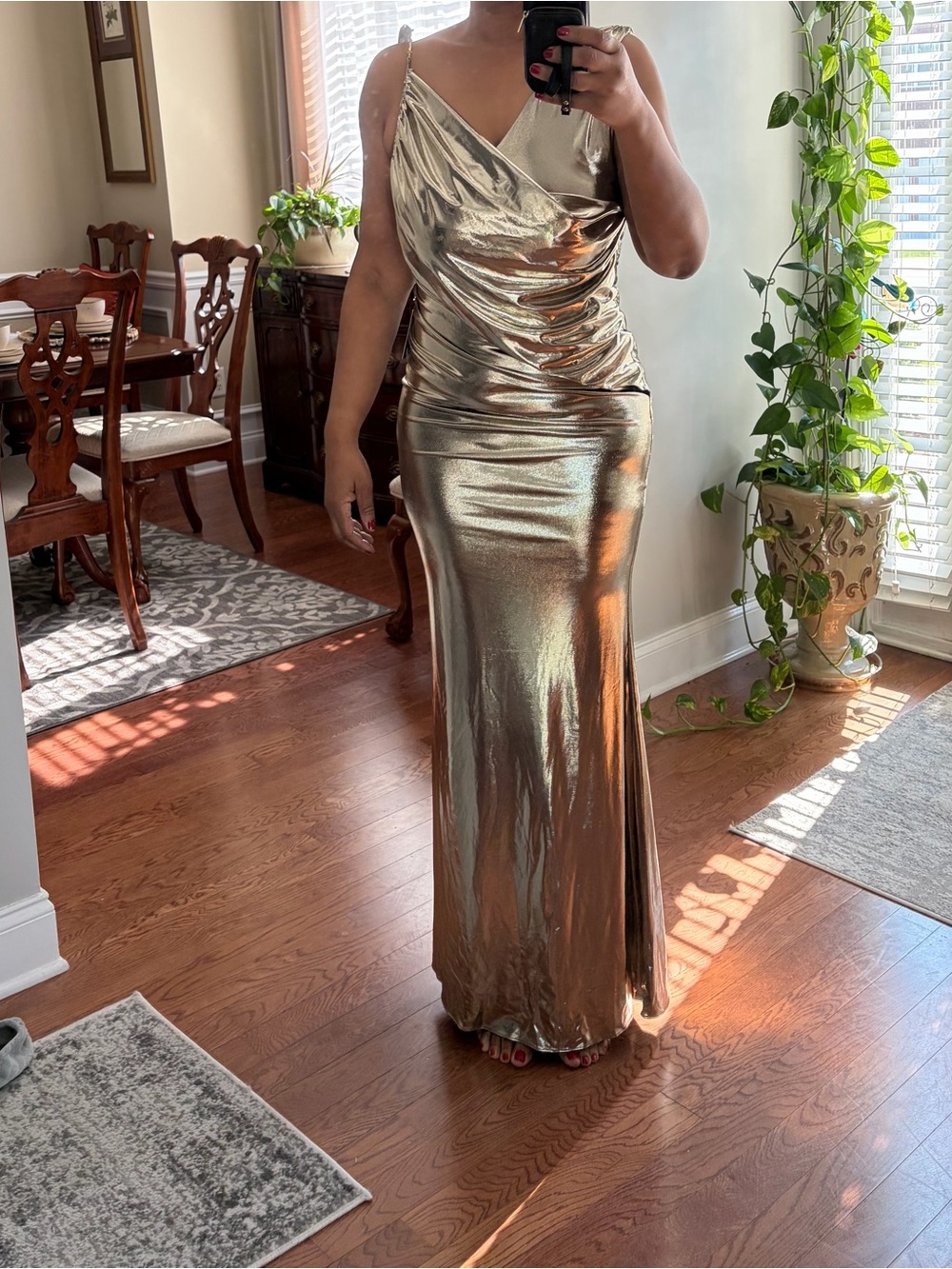 JLUXLABEL Metallic Gold Draped Cowl-Neck Maxi Dress